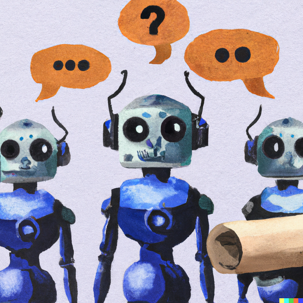 "Chatbot søker jobb". Artikkel om AI og mediebransjen. Foto: DALL-E (painting of chatbots doing journalists work)"